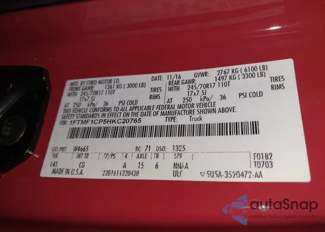 2017 Ford F-150 Xl from USA, damaged, VIN 1FTMF1CP5HKC20765